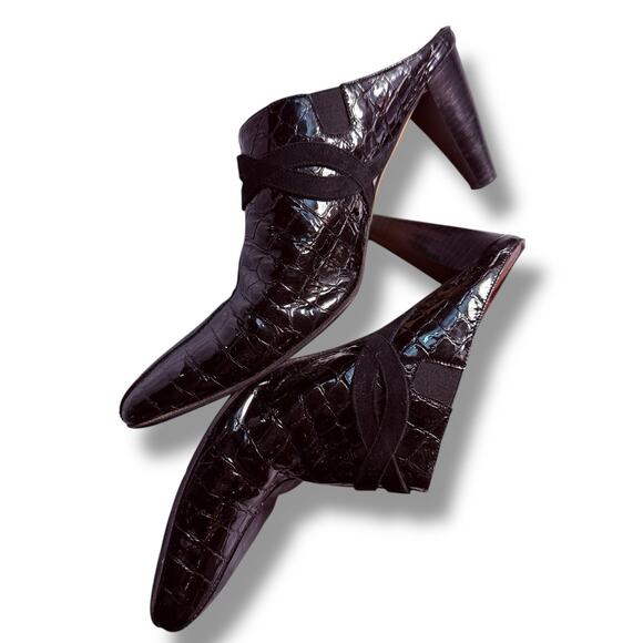 VTG Brighton Romeo Women’s Black Croc Patent Leather Mules Heel Shoes Size 8.5 M - Picture 8 of 13